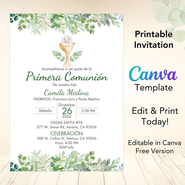 First Communion Invitation Spanish Boys Girls, Editable Template First Communion Invitation Greenery, Invitación Primera Comunion Espanol