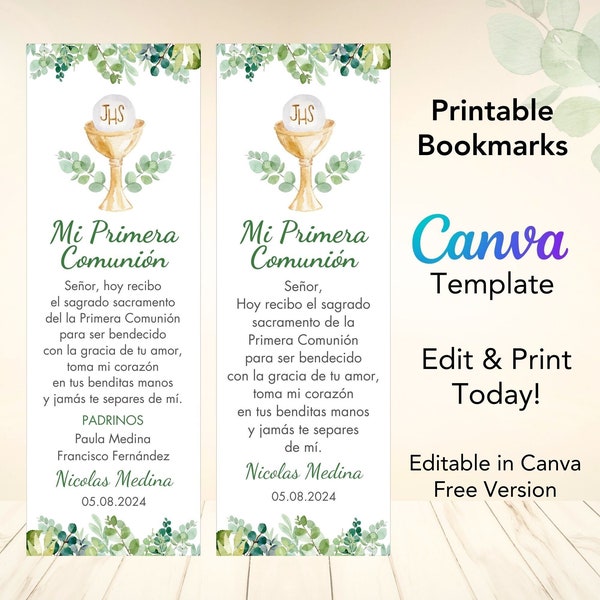 First Communion bookmarks Spanish Boys Girls, Editable Template First Communion bookmarks Greenery, Separadores Primera Comunion Espanol