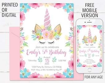 Può includere: Un invito di compleanno di unicorno rosa e blu con un bordo floreale. L'invito dice "Unisciti a noi per celebrare il 5° compleanno di Emily" con la data e l'ora della festa. L'invito include anche una versione mobile.