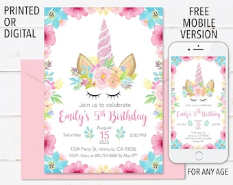 Unicorn Birthday Invitation - Printed or Digital Unicorn Birthday Invite - Floral Unicorn Invitation For Girls - FREE Mobile Version Phones