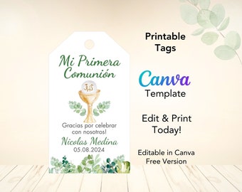 First Communion Tags Spanish Boys Girls, Editable Template First Holy Communion Tags Greenery, Etiqietas Primera Comunion Espanol, Etiquetas