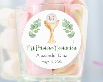 First Communion Stickers for favors, Recuerdos de Mi Primera Comunion, Green Leaves tags for 1st Holy Communion