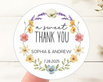 Wildflower Wedding Thank You Stickers A Sweet Thank You Labels for Favors, Custom Watercolor Flowers Wedding Round Stickers 2 inch Floral