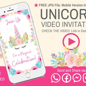 Unicorn Birthday Video Invitation, Unicorn Invitation, Unicorn Party Invites, Unicorn Birthday Party Invite, Video Invitation Birthday