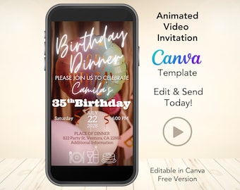 Invitación en vídeo a la cena de cumpleaños de cualquier edad - Invitación animada a la cena de cumpleaños - Plantilla Canva editable digital - Invitación de cumpleaños digital