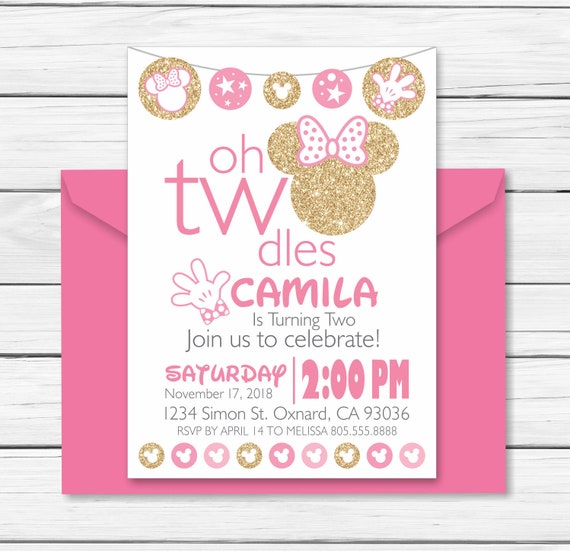 Minnie Mouse Birthday Invitation 2 Year Old Pink And Gold Etsy