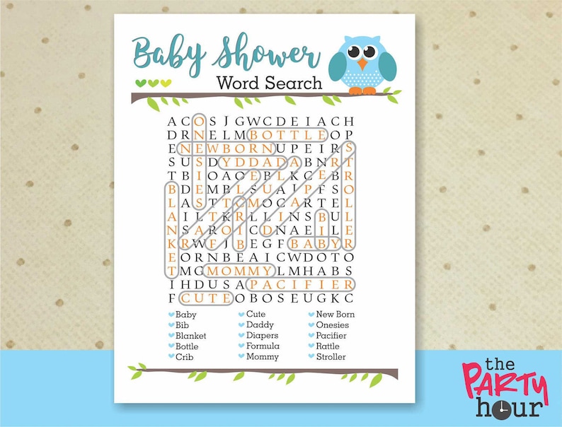 owl baby shower word search printable baby shower games etsy