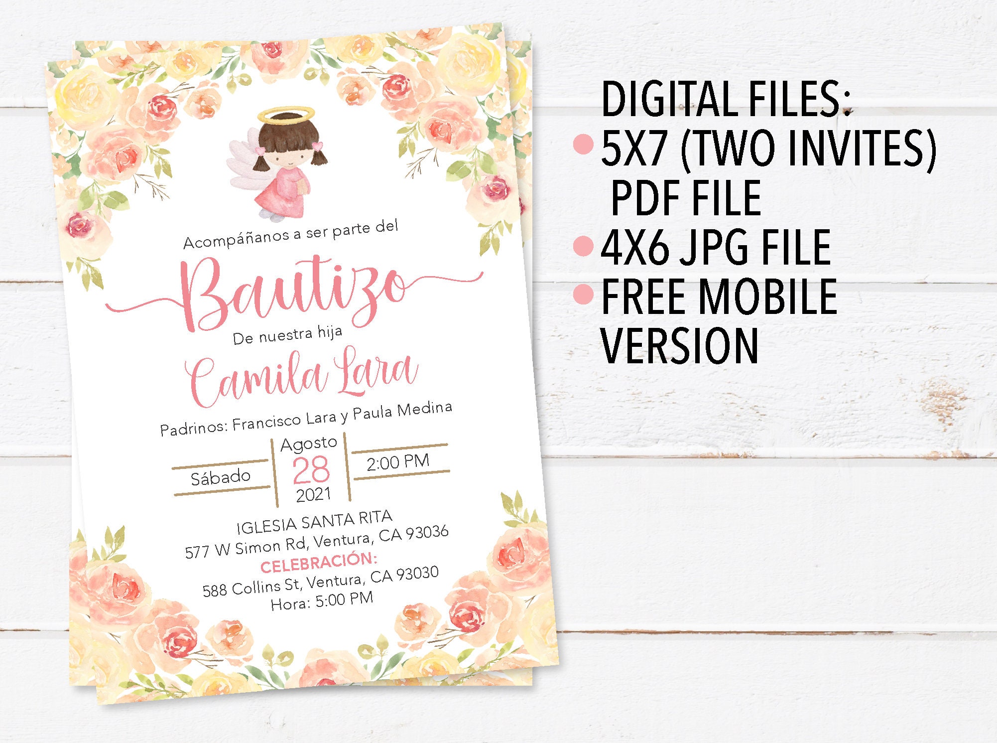 Baptism Invitation in Spanish Printable Girl Invitacion Etsy