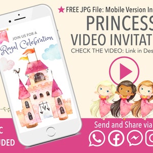 Invitación de video de cumpleaños de princesa, invitación de princesa, invitaciones para fiestas de princesas, invitación para fiesta de cumpleaños de princesas, invitación de video de cumpleaños