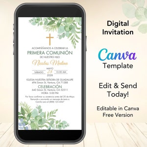 Invitation première communion espagnole Primera comunion Invitacion pour garçons ou filles, modèle modifiable sur toile d'invitation de première communion