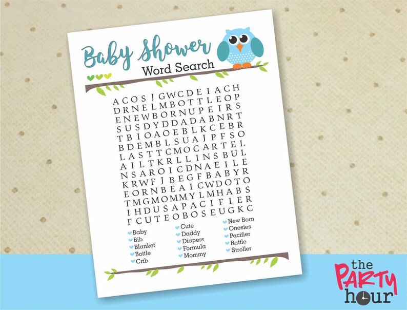 owl baby shower word search printable baby shower games etsy