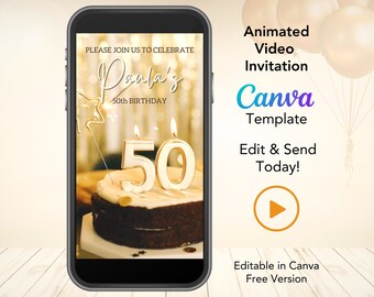 Invitación editable de 50 cumpleaños para mujeres, plantilla Canva de invitación de vídeo digital de 50 cumpleaños, invitación a cincuenta fiestas