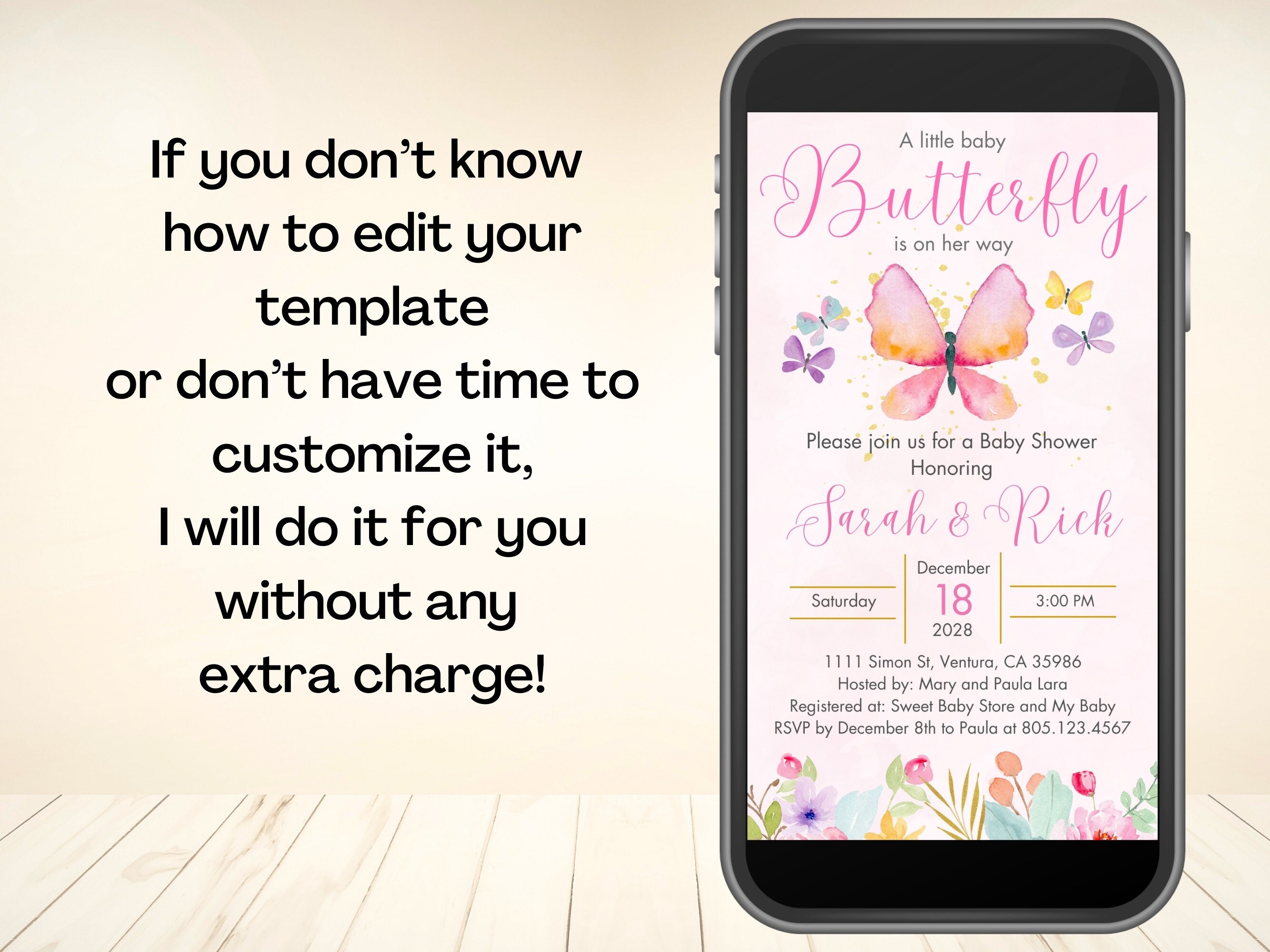 Editable Butterfly Baby Shower Invitation, Digital Baby Shower Template ...