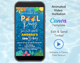 May include: Animated video invitation for a pool party celebrating Andrea's 12th birthday. The invitation features a blue pool background with a colorful beach ball and the text "You're invited to a Pool Party".