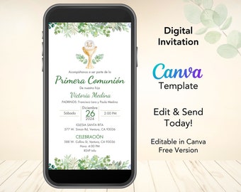 First Communion Invitation spanish for boys or girls, Editable First Communion Invitation, Canva Template, Invitación Bautizo Espanol Movil