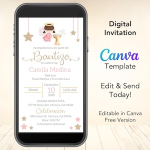 Digitale doopuitnodiging Spaans voor meisjes, bewerkbare doopuitnodiging engel en sterren, canvassjabloon, Invitación Bautizo Español Niña