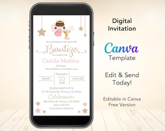 May include: Digital invitation for a baptism with a pink and gold color scheme. The invitation features a cartoon angel holding a chalice and stars. The text reads "Acompáñanos a ser parte del Bautizo de nuestra hija Camila Medina" and includes the date, time, and location of the event.
