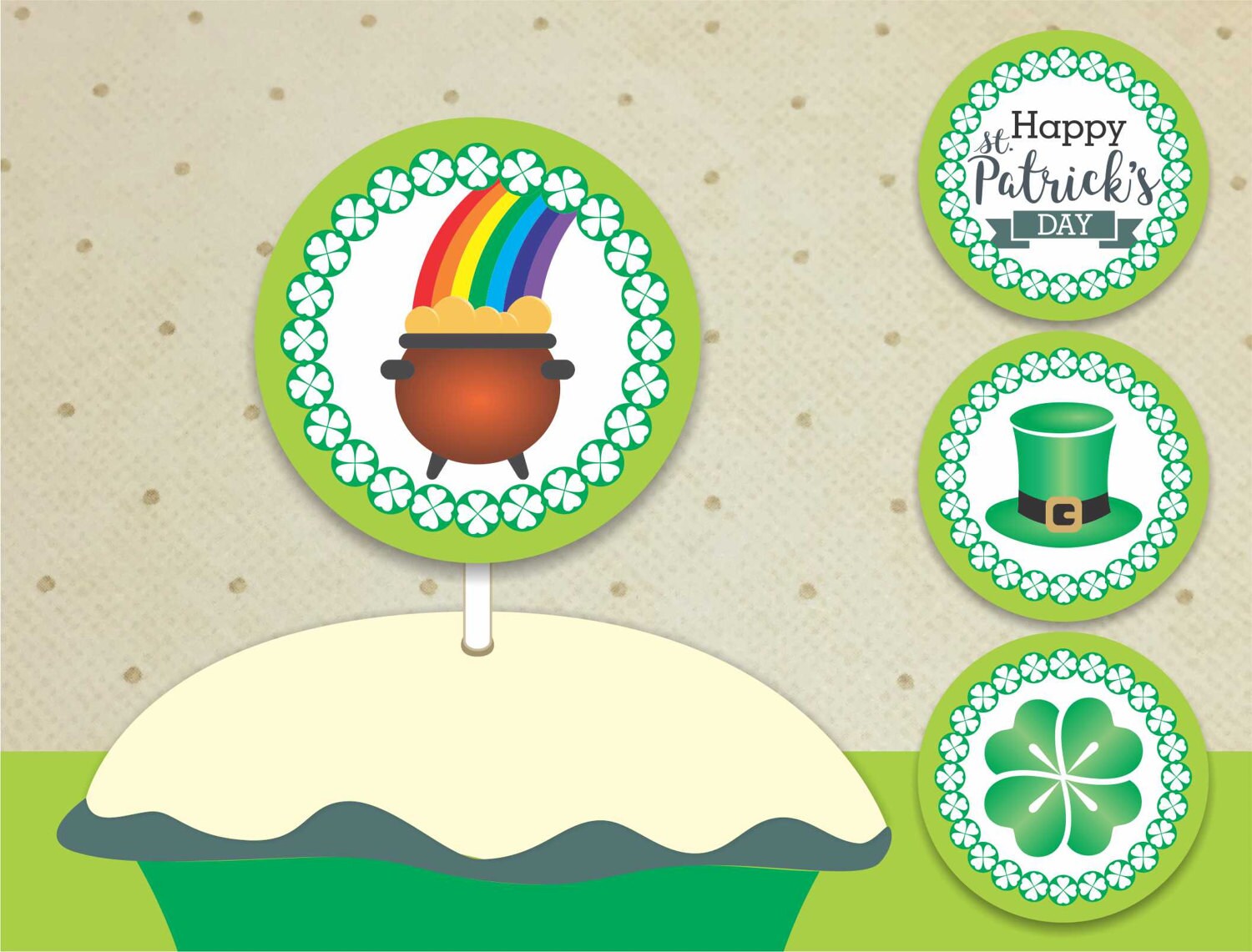 Set 24 Topper Per Cupcake Giorno Di San Patrizio – A Forma Di Trifoglio Glitterato, In Carta Color Oro/verde - 3