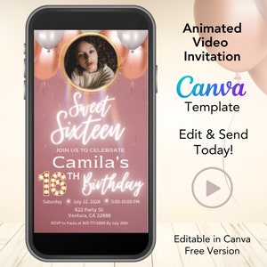 Sweet 16 Birthday Video Invitation - Birthday Animated Invitation - Canva Template Editable Digital - Sweet Sixteen Invite