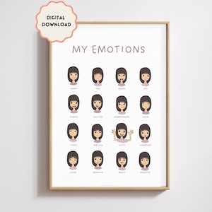 Tableau de mes sentiments | Graphique des émotions d'une toute-petite fille | sentiments d'enfant | Girl Emotions : Dark Hair 1 (Téléchargement numérique)