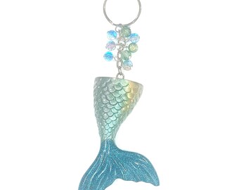 Resin Mermaid Tail Keychain with glass Beads Glittery Beachy