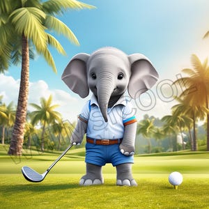 Grillige digitale afbeelding babyolifant golfspeler: uitnodiging, aankondiging, muurkunst, poster, bedankkaartje en meer!
