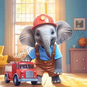 May include: A charming illustration of a baby elephant wearing a red construction hat, blue shirt, and brown overalls. The elephant is standing next to a red toy fire truck. The background features a window and a blue wall.