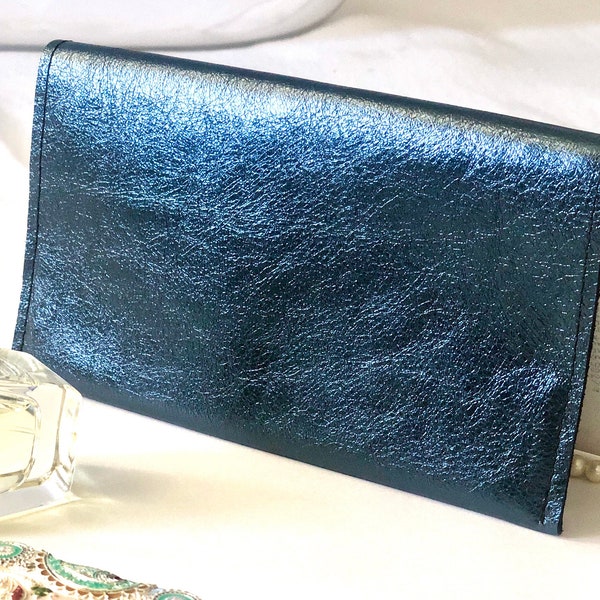 Navy blue leather cheque book cover, metallic leather cheque book pouch, leather gift for her