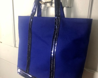 Sac cabas pour les cours,  sac cabas femme original, en toile de coton bleu marine clair avec paillettes bleues marines