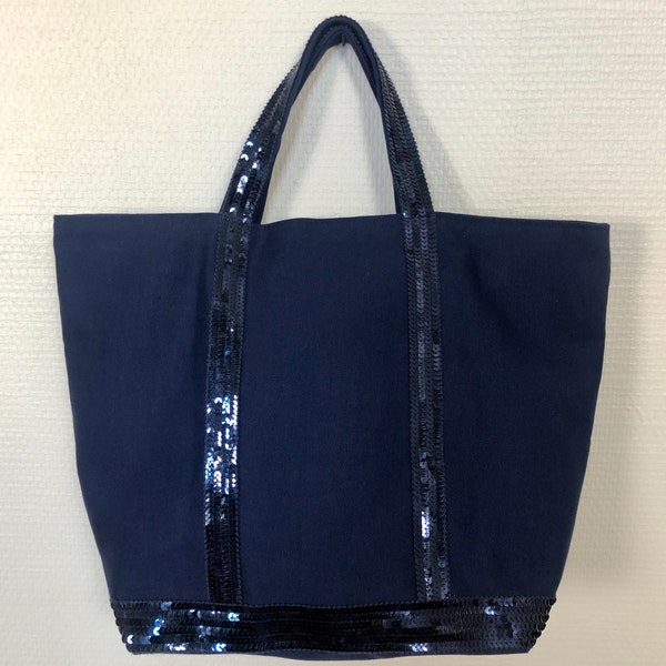 Navy coton sequin tote bag, handheld navy shopper, French chic sequin purse, Emilie in Paris style, Paris chic purse,