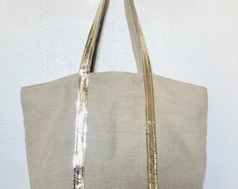 Washed linen tote bag with gold sequins