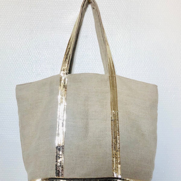 Washed linen tote bag with gold sequins