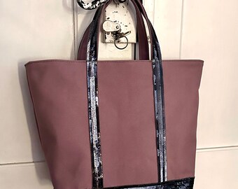 Elegant Purple Sequin Tote Bag with Anthracite Gray Sequins, Mauve Shopping Bag with Silver Sequins, Mauve Tote Bag with Dark Gray Sequins