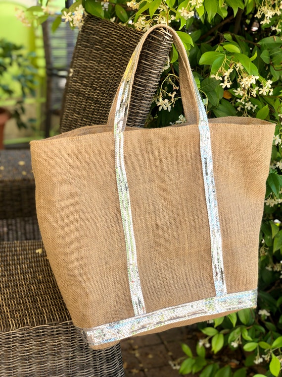 Straw sequin tote bag with silver sequins, natural beach bag