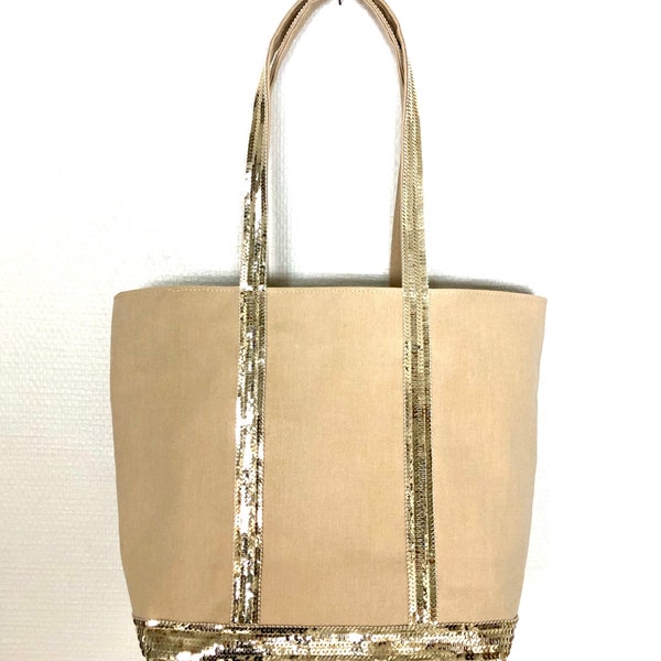 Vanessa Bruno style bag, beige glitter tote, summer bag, college bag, bridesmaid bag, beach sequin tote
