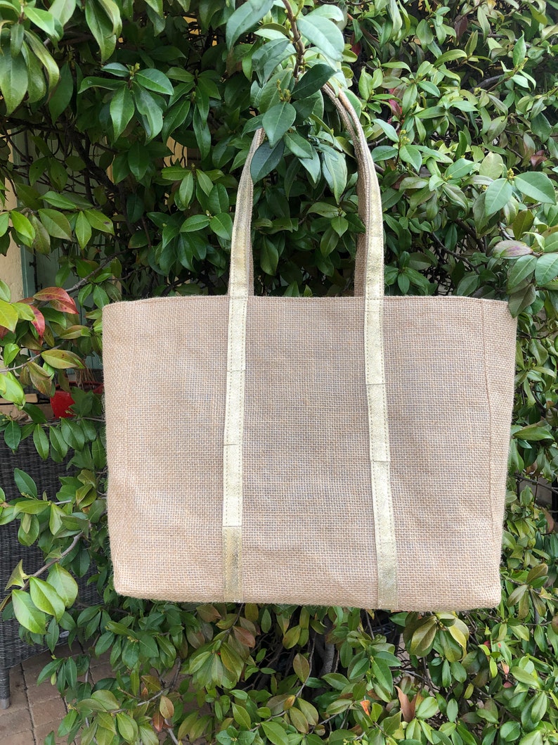 Grand tote bag de plage en toile de jute enduit et cuir grand fourre tout été recyclé sac cabas voyage naturel sac porté epaule vacances image 4