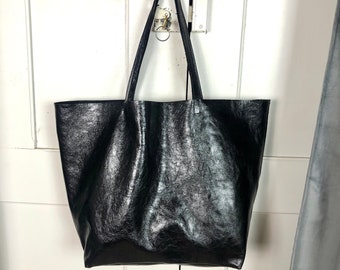 Black Italien leather tote bag, rock chic oversize tote, slouchy leather tote, patent leather shoulder tote, everyday leather purse, boho