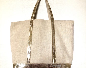 Washed cotton linen mix tote bag with gold sequins