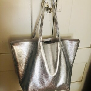 Silver Italian leather tote bag, metallic leather shoulder bag, soft oversized bag in silver leather image 4