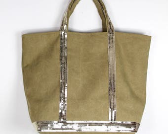 Sac cabas  en toile cabas kaki - cabas vert sequins or pale - tote bag kaki paillettes