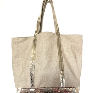Natural linen waterproof tote with gold sequins