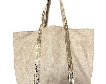 Bolso impermeable de lino natural con lentejuelas doradas