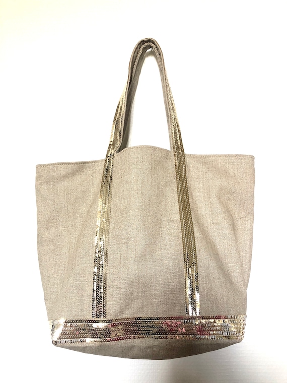 Natural linen waterproof tote with gold sequins