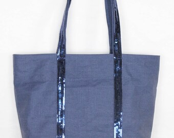 Bolso tote de lino revestido azul marino con lentejuelas azul marino reales, bolso de playa de lino impermeable,