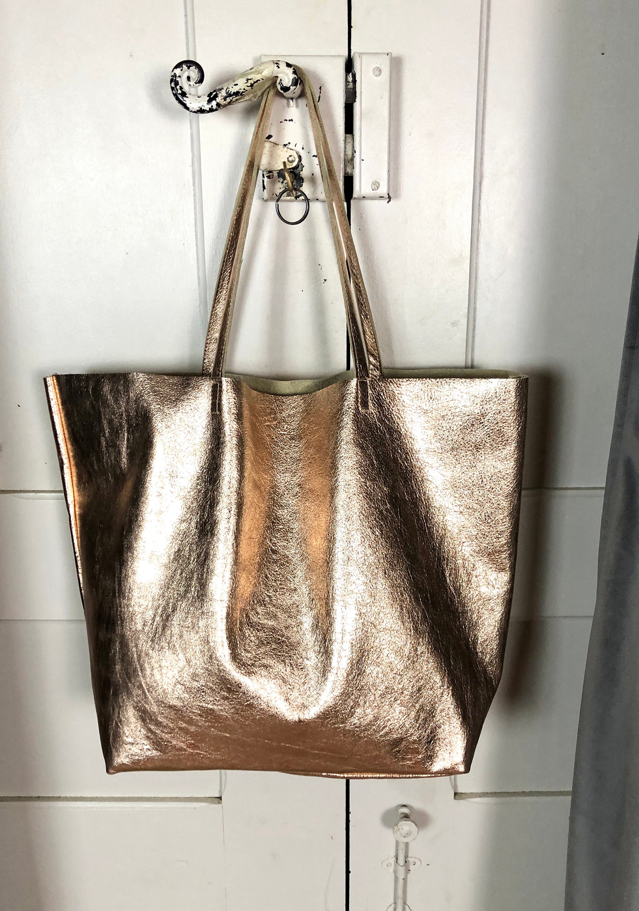 Rose Gold Leather Tote Bag Oversize Leather Tote Everyday Shopper Glamorous It Bag the Only Bag You Need Etsy