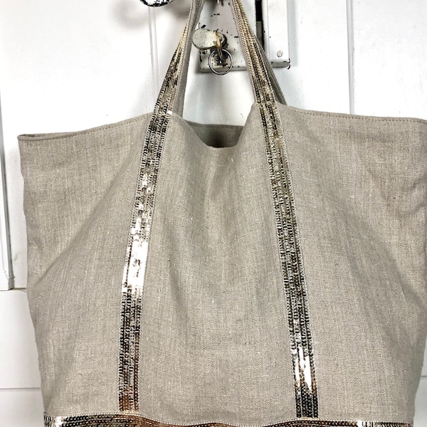 Natural linen tote bag - tote with sequins - oversize beach bag - trendy vacation purse - Vanessa Bruno style tote - French style bag