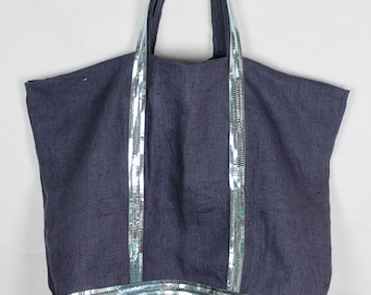 Grey washed linen tote bag with blue sequins
