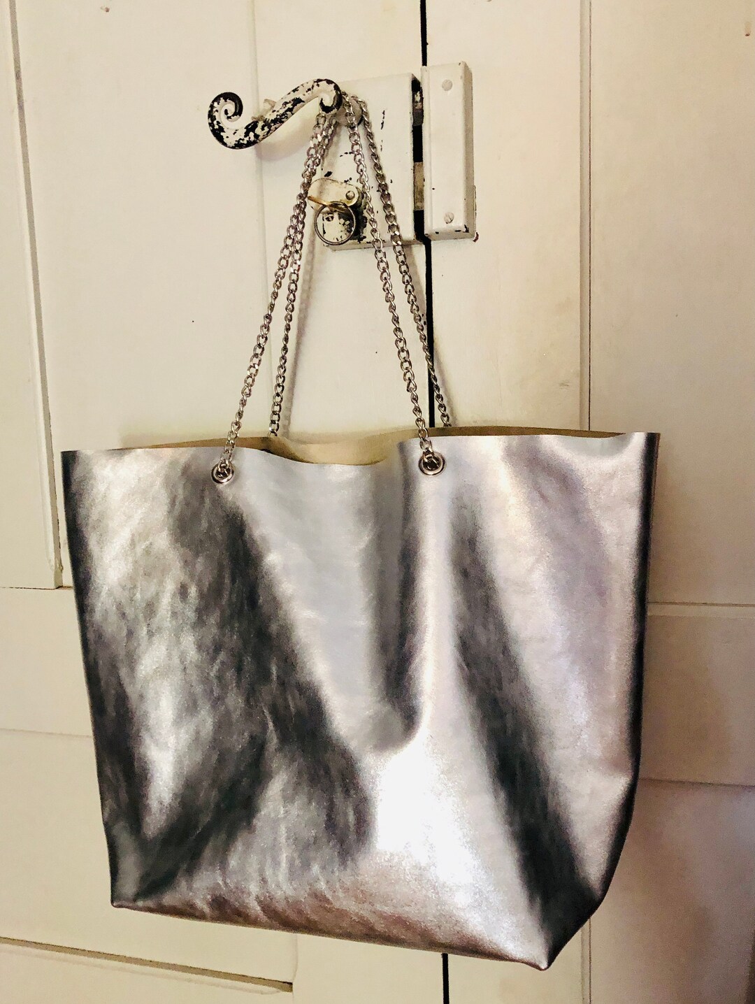 Silver Leather Tote Bag With Shoulder Chain, Personalised Leather Tote