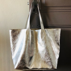 Silver Italian leather tote bag, metallic leather shoulder bag, soft oversized bag in silver leather image 1