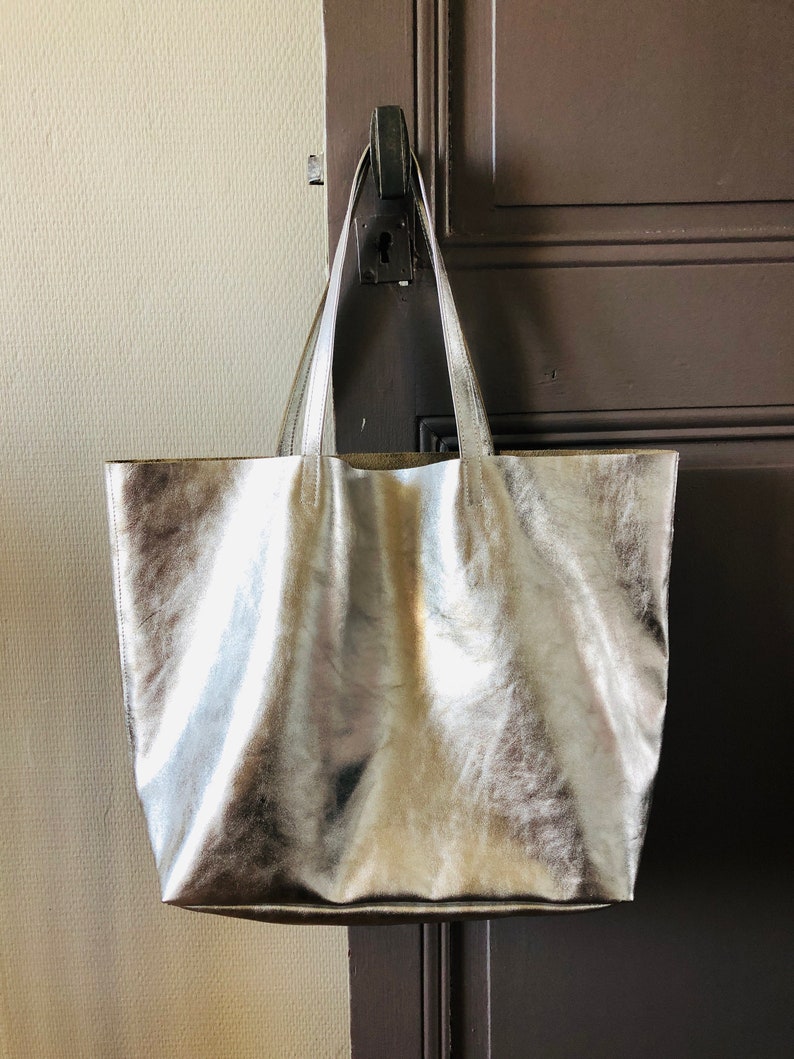 Silver Italian leather tote bag, metallic leather shoulder bag, soft oversized bag in silver leather image 1
